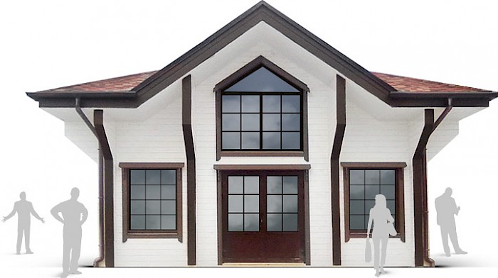 офис-выставочный дом из профилированного бруса в торгово-выставочном центре «Балтия Гарден» на Новорижском шоссе, 10 км от МКАД